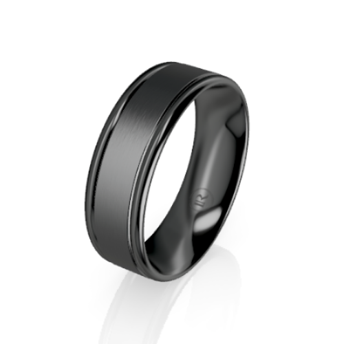 A black band ring with a brushed center and polished beveled edges, shown on a clean white background with a soft reflection.