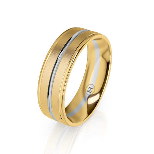 A two-tone yellow gold ring with a polished center channel, shown on a clean white background with a soft reflection.