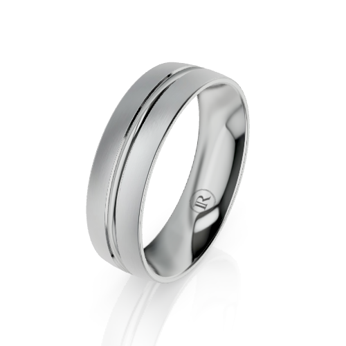 A polished silver-toned metal band ring with a double beveled channel groove design, shown on a clean white background with a soft reflection.