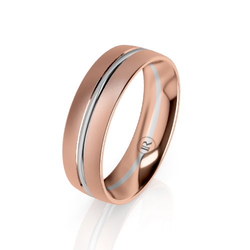 A rose gold band ring with a polished center channel, shown on a clean white background with a soft reflection.