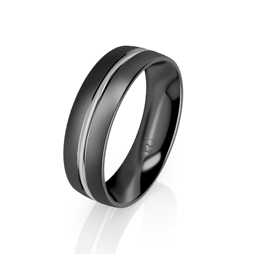 A black band ring with a polished center channel, shown at an angle on a reflective white surface.