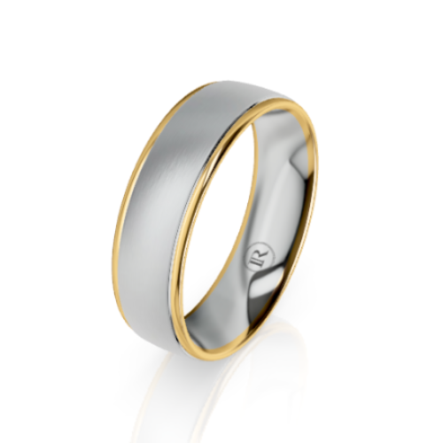 A two-tone metal band ring with a brushed silver center and polished gold edges, shown on a clean white background with a soft reflection.