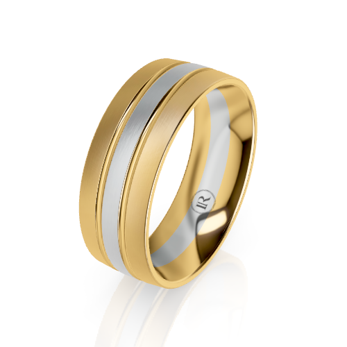 A two-tone yellow gold band ring with a central silver-colored inlay, shown on a clean white background with a soft reflection.