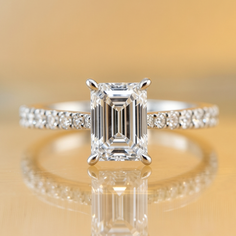 Imogen | 1.55ct Emerald Cut Lab Grown Diamond Engagement Ring | Delicate Diamond Band | 18ct White Gold