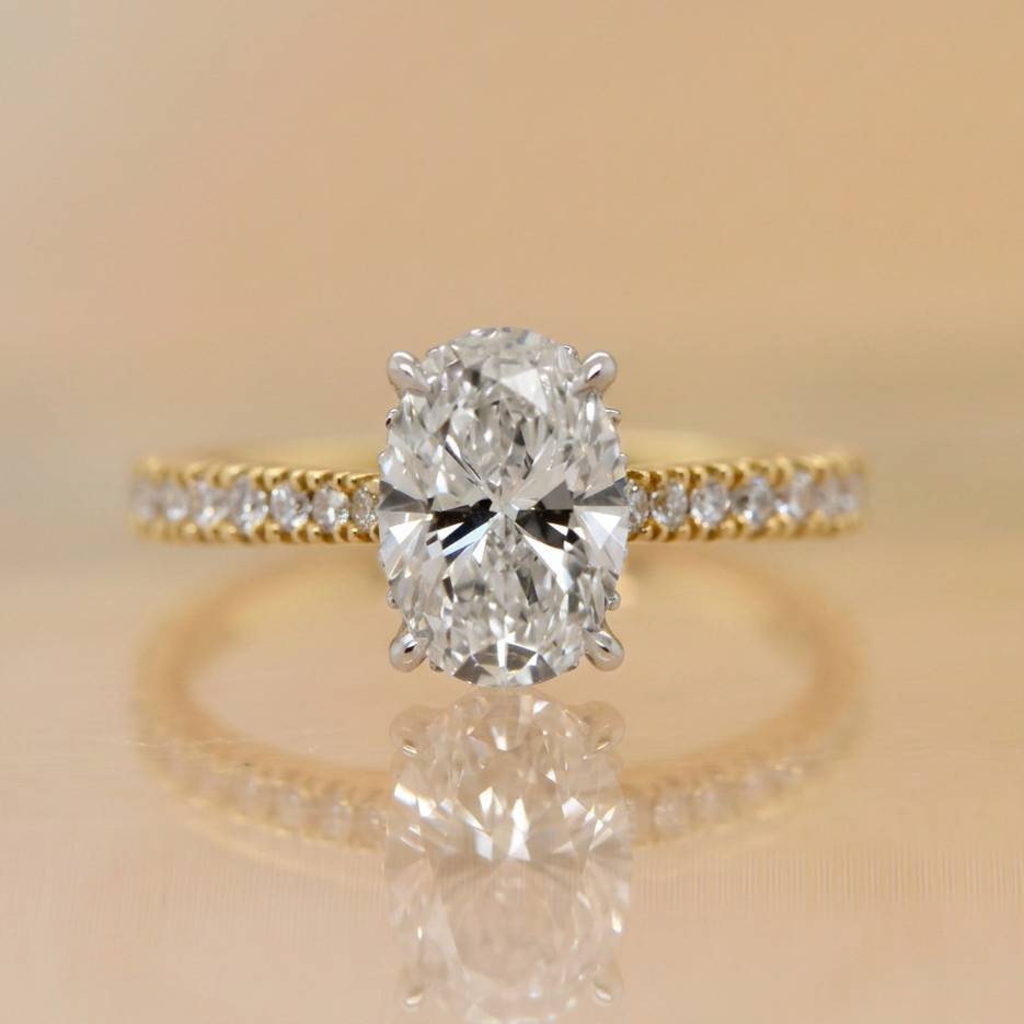 Isla | 1.50ct Oval Cut Lab Grown Diamond Solitaire Engagement Ring | Hidden Halo & Diamond Band | 18ct Yellow & White Gold