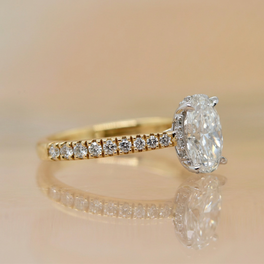 Isla | 1.50ct Oval Cut Lab Grown Diamond Solitaire Engagement Ring | Hidden Halo & Diamond Band | 18ct Yellow & White Gold