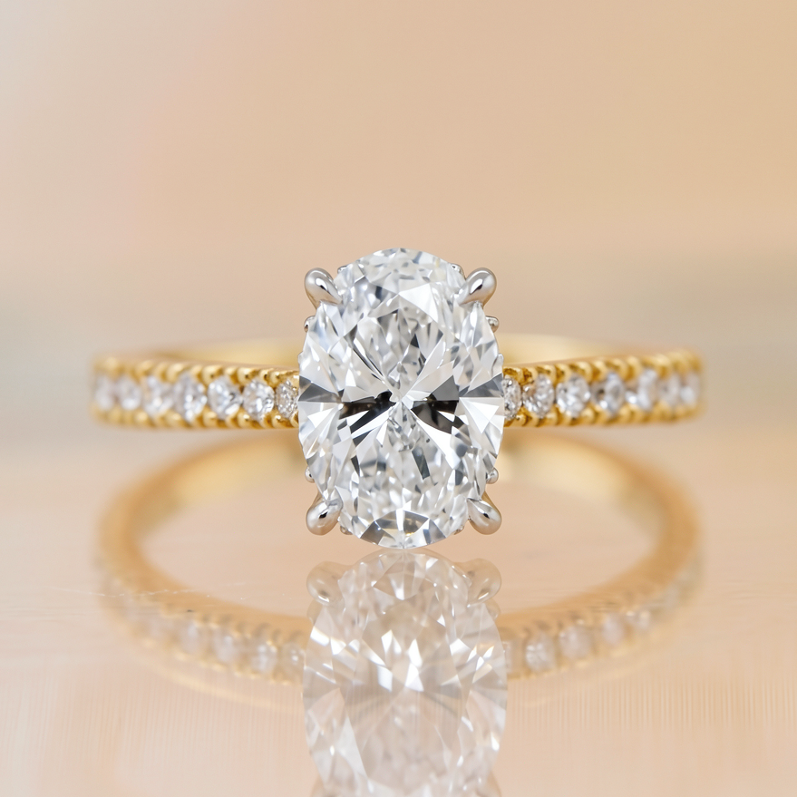 Isla | 1.50ct Oval Cut Lab Grown Diamond Solitaire Engagement Ring | Hidden Halo & Diamond Band | 18ct Yellow & White Gold