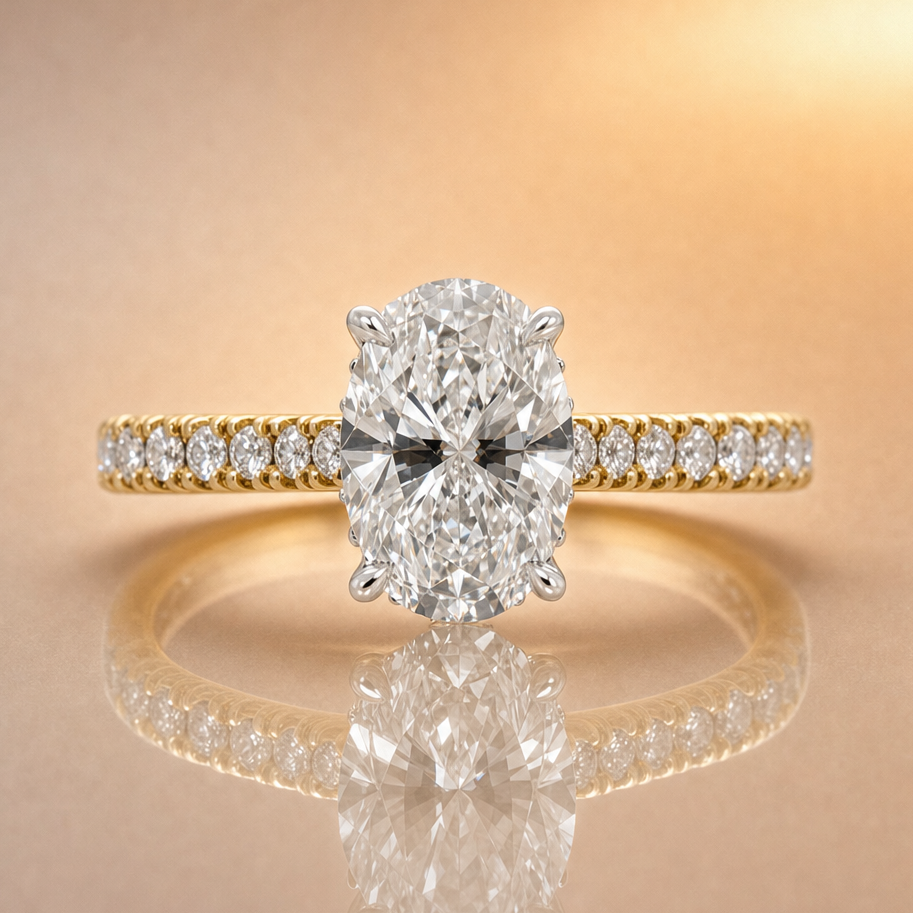 Isla | 1.50ct Oval Cut Lab Grown Diamond Solitaire Engagement Ring | Hidden Halo & Diamond Band | 18ct Yellow & White Gold