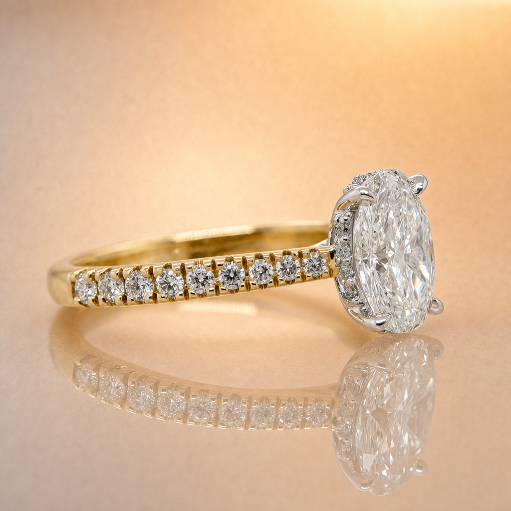 Isla | 1.50ct Oval Cut Lab Grown Diamond Solitaire Engagement Ring | Hidden Halo & Diamond Band | 18ct Yellow & White Gold