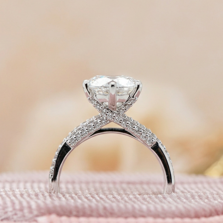 Juliet | 3.03ct Round Brilliant Cut Lab Grown Diamond Engagement Ring | Twisted Diamond Band & Diamond-Set Claws | 18ct White Gold