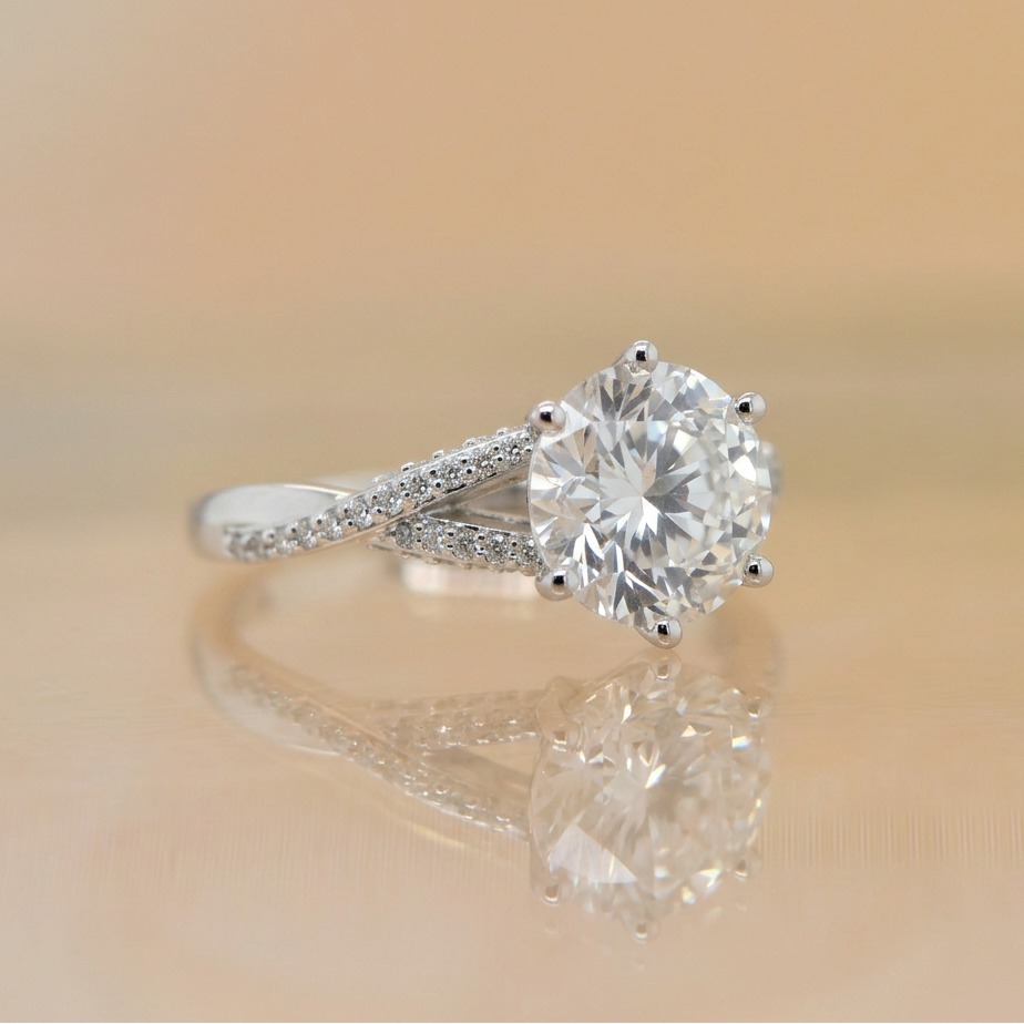 Juliet | 3.03ct Round Brilliant Cut Lab Grown Diamond Engagement Ring | Twisted Diamond Band & Diamond-Set Claws | 18ct White Gold