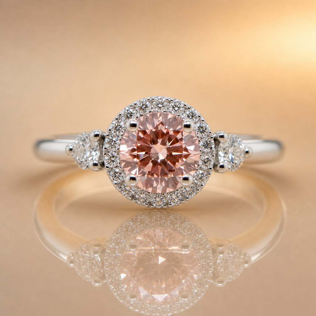 Diamond ring with a pink gemstone on a beige background
