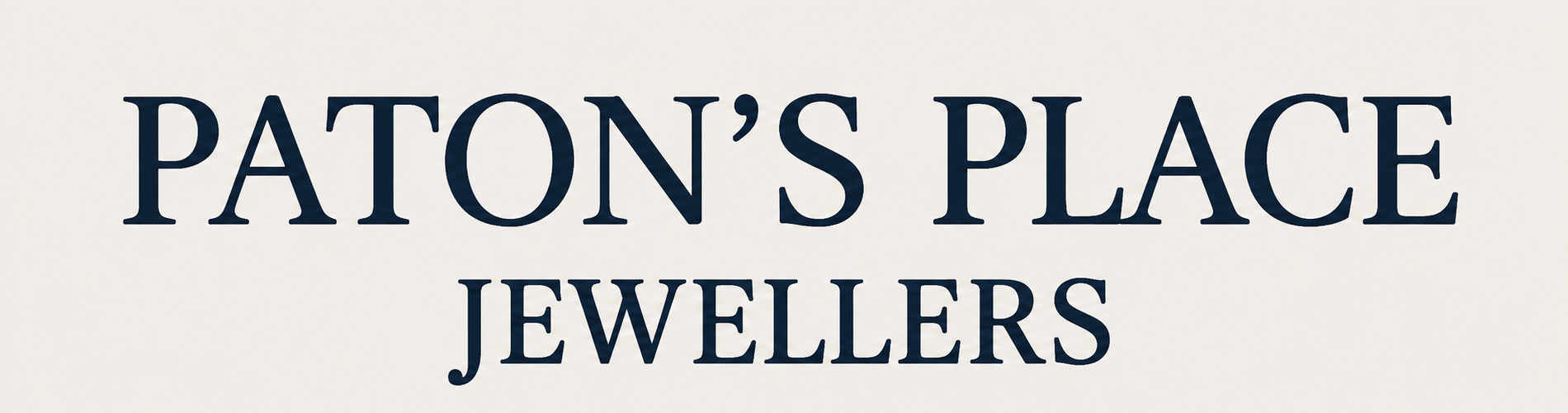 Paton's Place Jewellers logo featuring dark navy blue serif text on a light beige background with a simple diamond outline icon below.