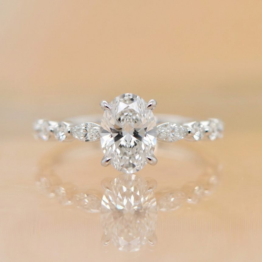Marlee | 1.10ct Oval Cut Lab Grown Diamond Solitaire Engagement Ring | Marquise & Round Diamond Band | 18ct White Gold