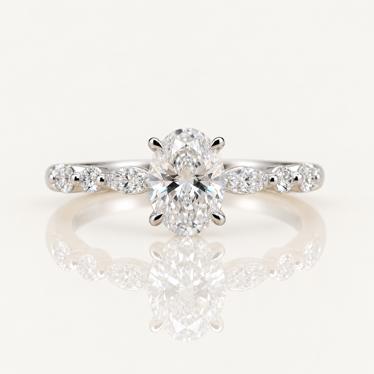 Marlee | 1.10ct Oval Cut Lab Grown Diamond Solitaire Engagement Ring | Marquise & Round Diamond Band | 18ct White Gold