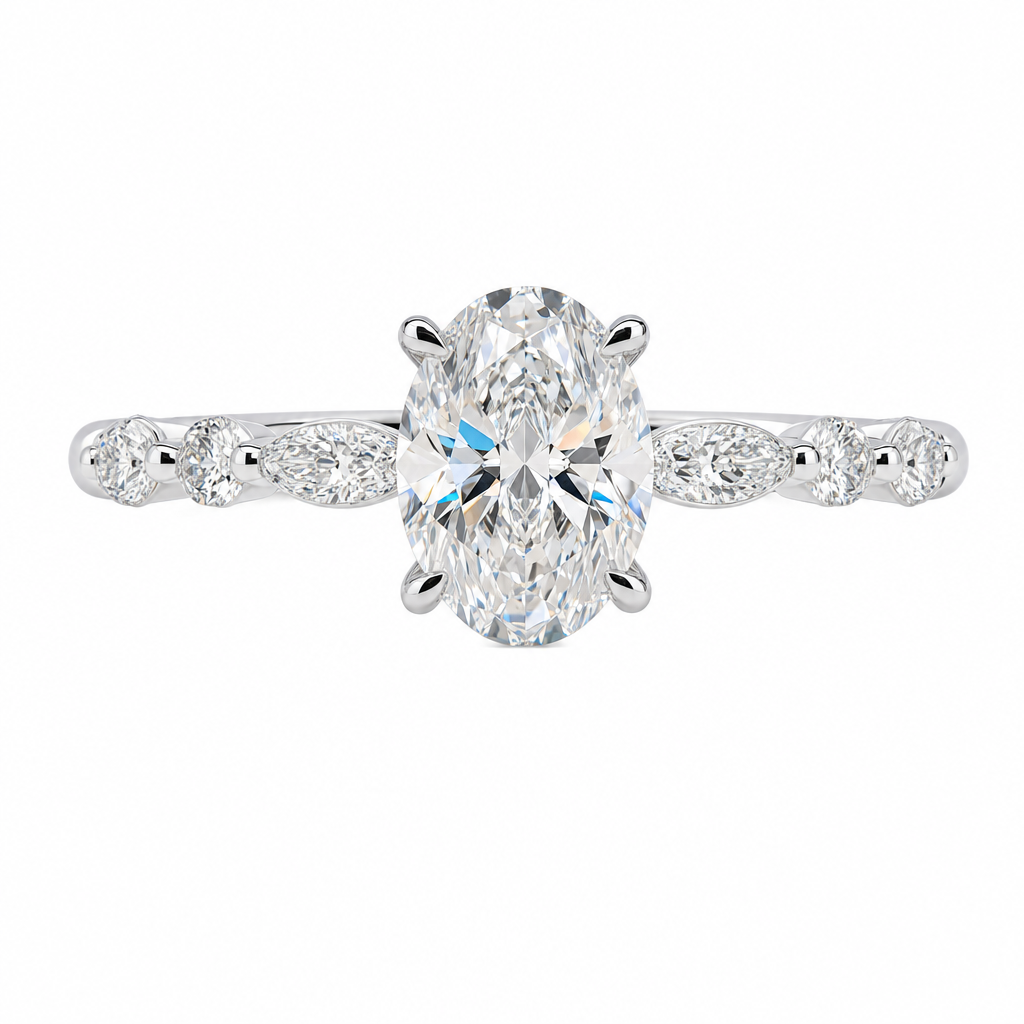 Marlee | 1.10ct Oval Cut Lab Grown Diamond Solitaire Engagement Ring | Marquise & Round Diamond Band | 18ct White Gold