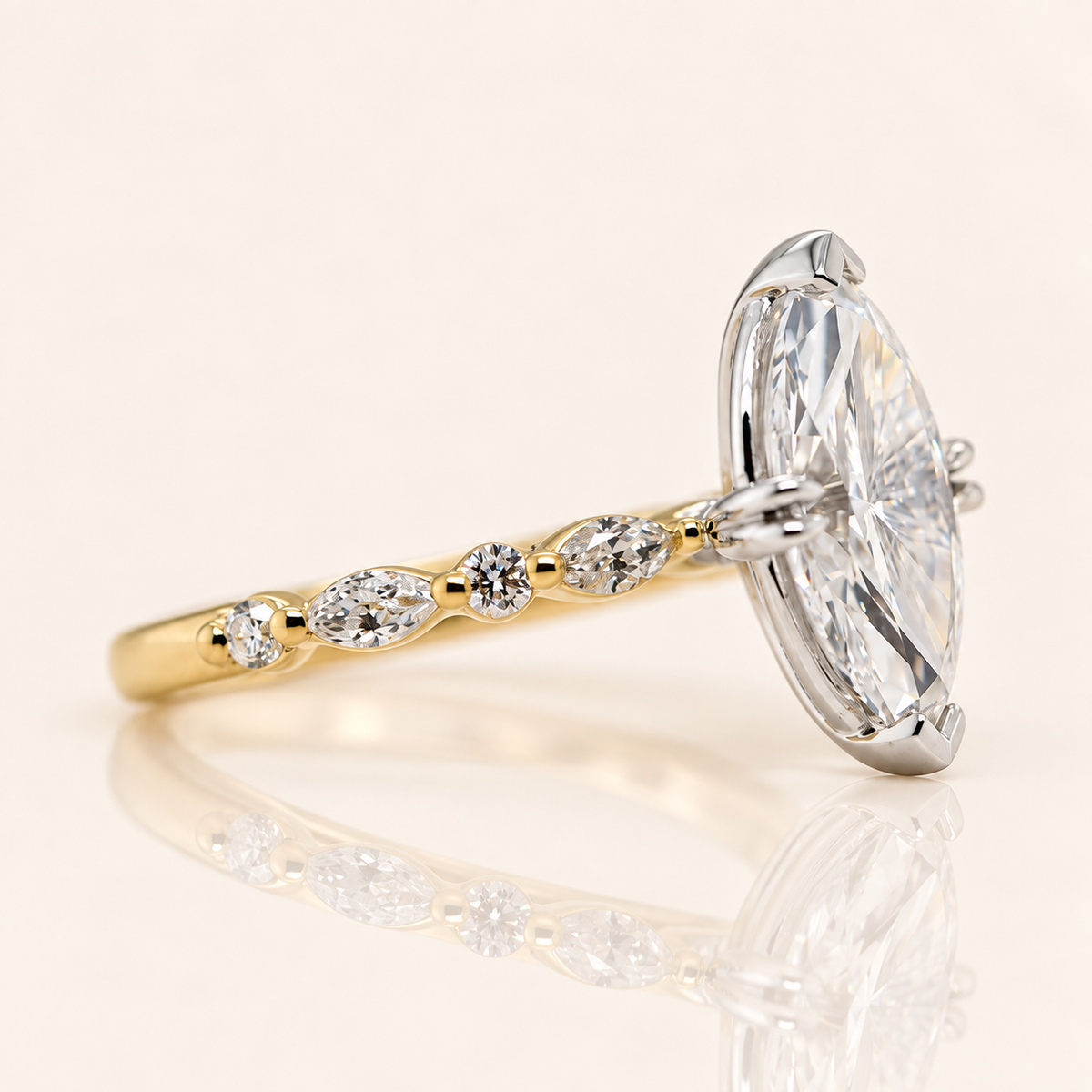 Violet | 3.03ct Marquise Cut Lab Grown Diamond Engagement Ring | Marquise & Round Diamond Shoulders | 18ct Yellow & White Gold