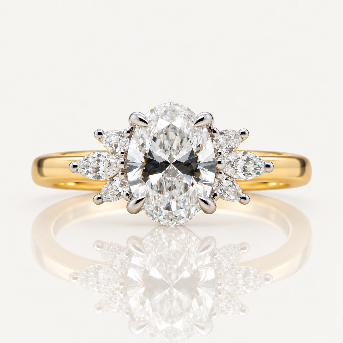 Mikayla | 2.04ct Oval Cut Lab Grown Diamond Engagement Ring | Marquise & Pear Cluster Shoulders | 18ct Yellow & White Gold