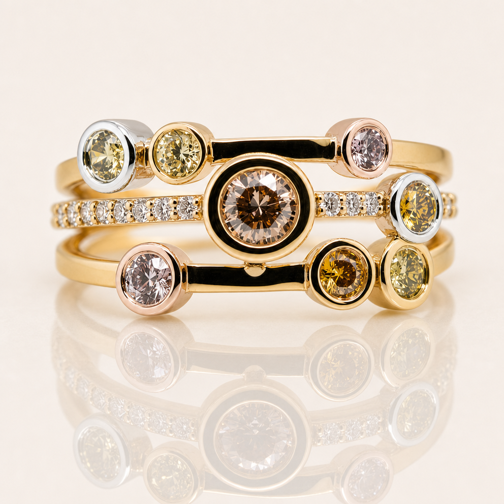 Natural Fancy Coloured Diamond Stacked Ring | Rio Tinto Certified | 18ct Yellow Gold