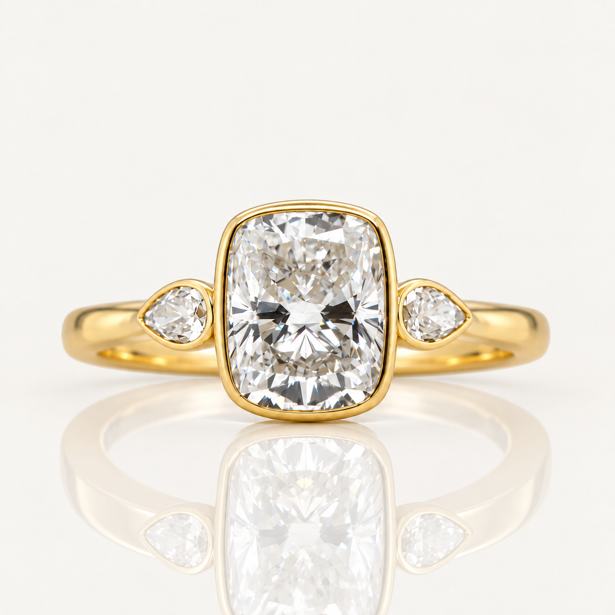 2.09ct Cushion Cut Lab Grown Diamond Bezel Engagement Ring with Pear Sides | 9ct Yellow Gold