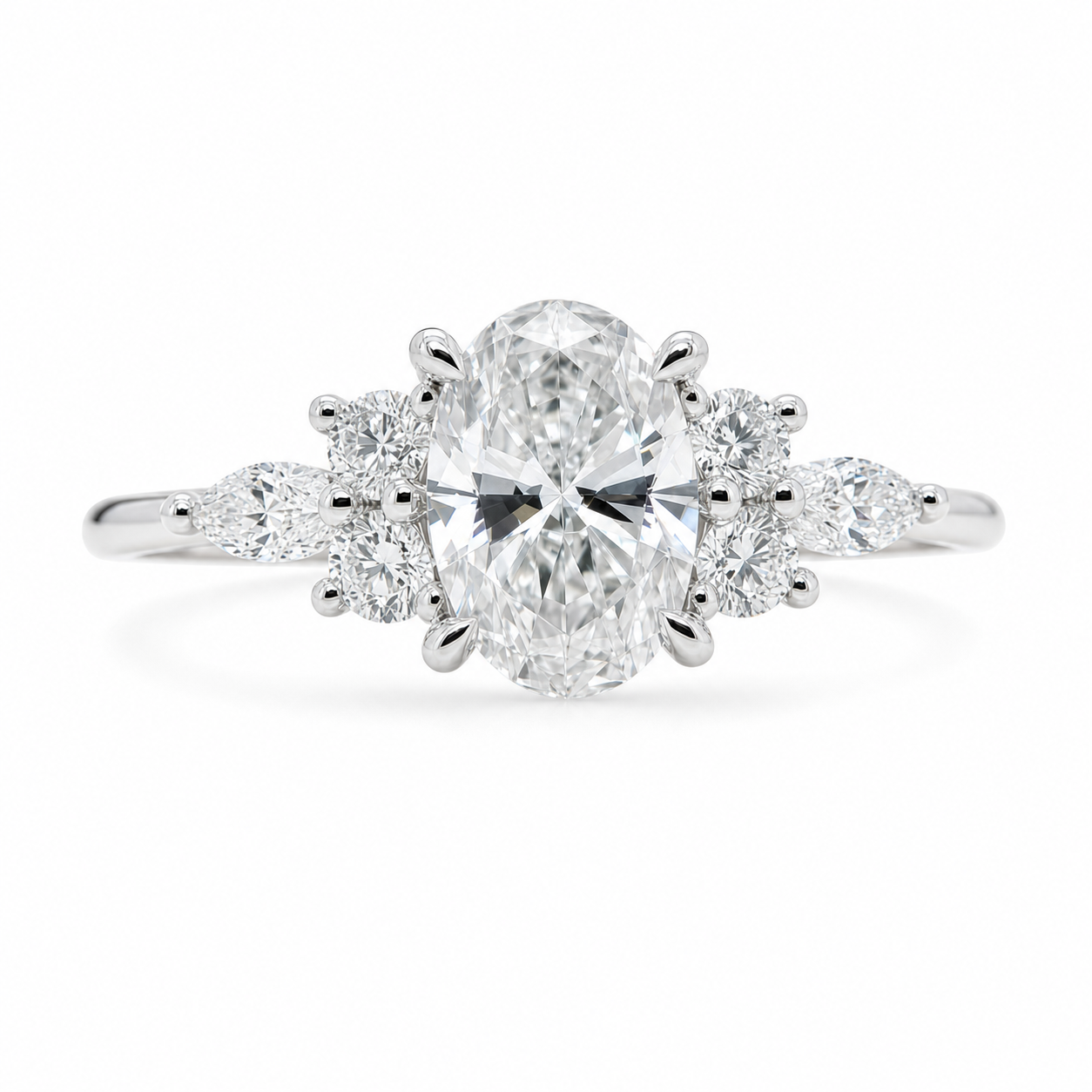 Adele | 1.03ct Oval Cut Lab Grown Diamond Engagement Ring | Marquise & Round Diamond Shoulders | 18ct White Gold