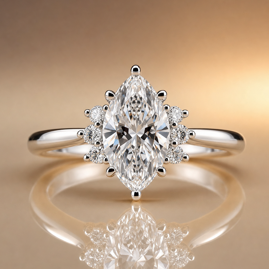 Noelle | 2.06ct Marquise Cut Lab Grown Diamond Engagement Ring | Diamond Cluster Shoulders | 18ct White Gold
