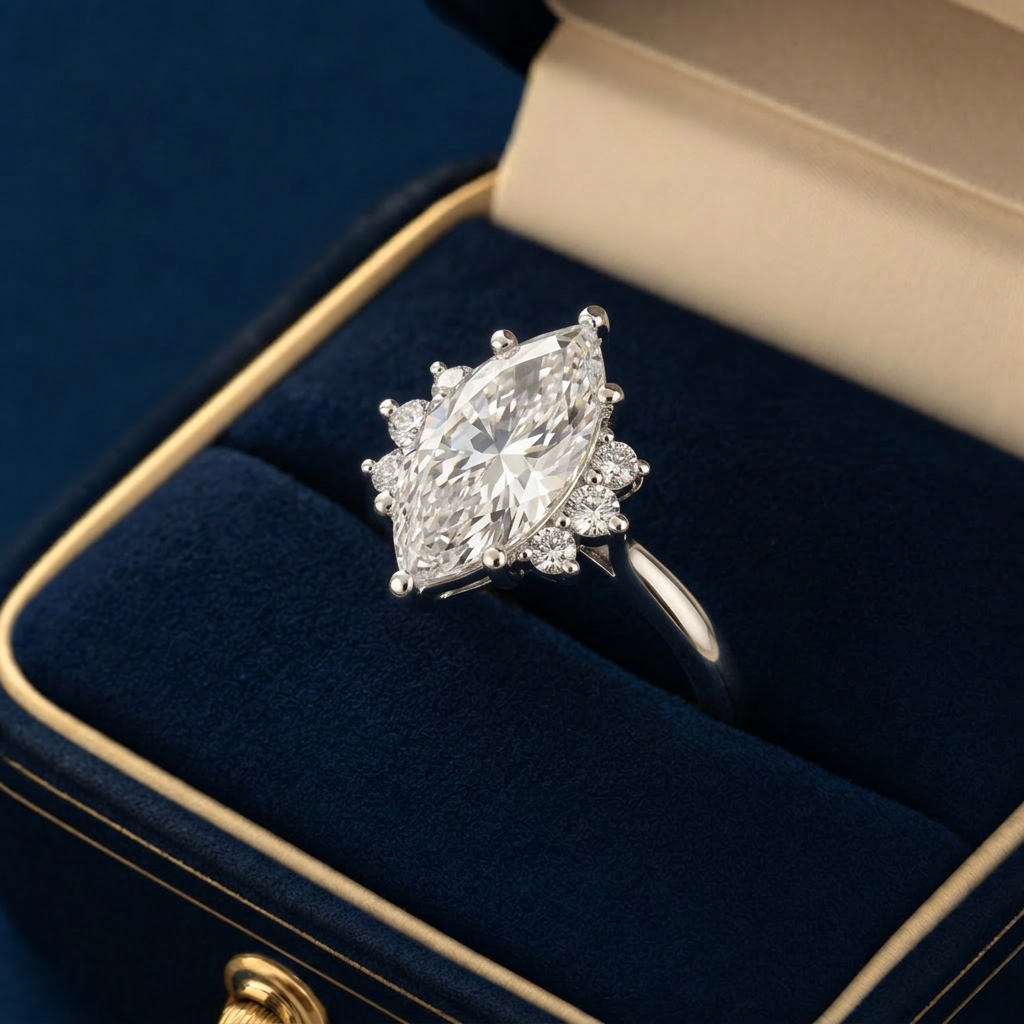 Noelle | 2.06ct Marquise Cut Lab Grown Diamond Engagement Ring | Diamond Cluster Shoulders | 18ct White Gold