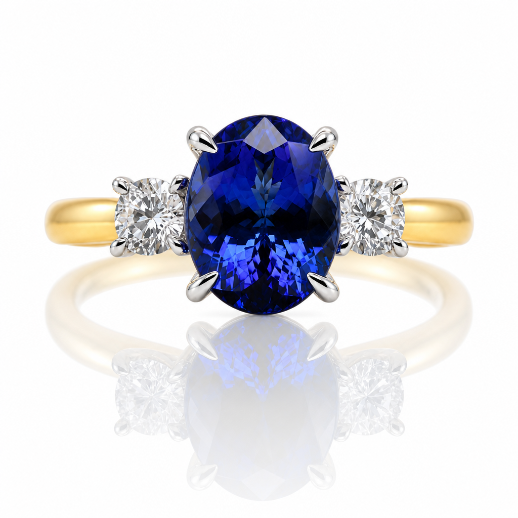 Carmen | 3.48ct Oval Tanzanite & Diamond Three-Stone Ring | 18ct Yellow & White Gold