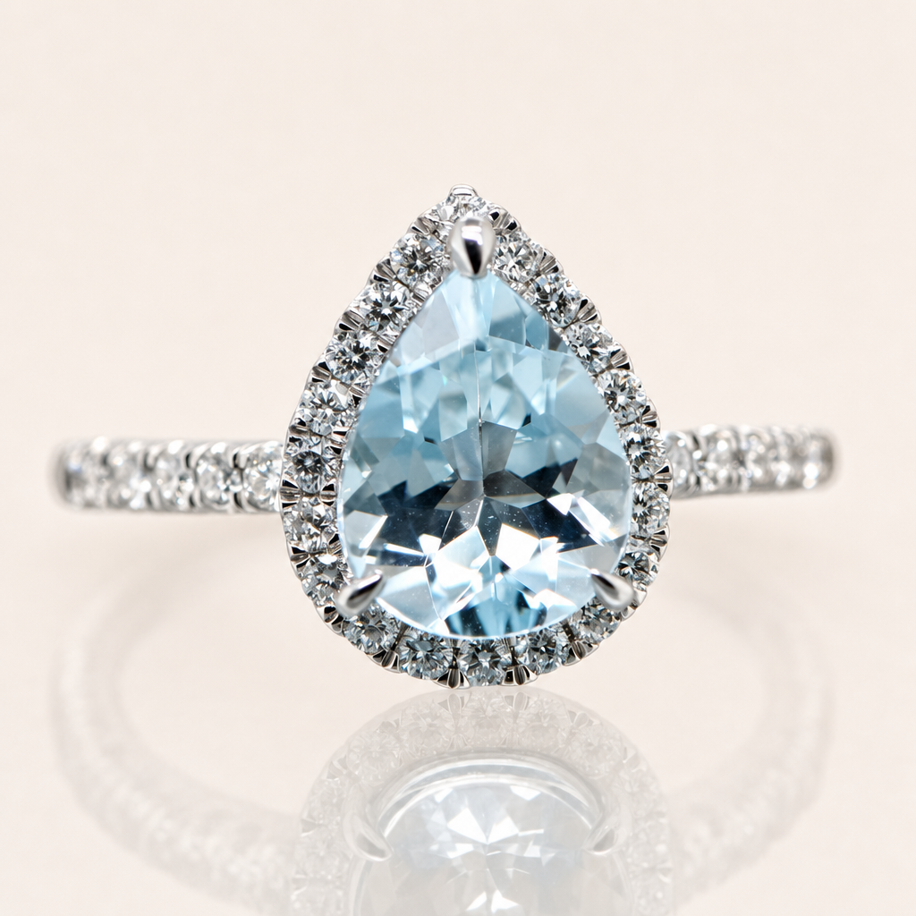 Pear Cut Aquamarine & Diamond Ring | 9ct White Gold