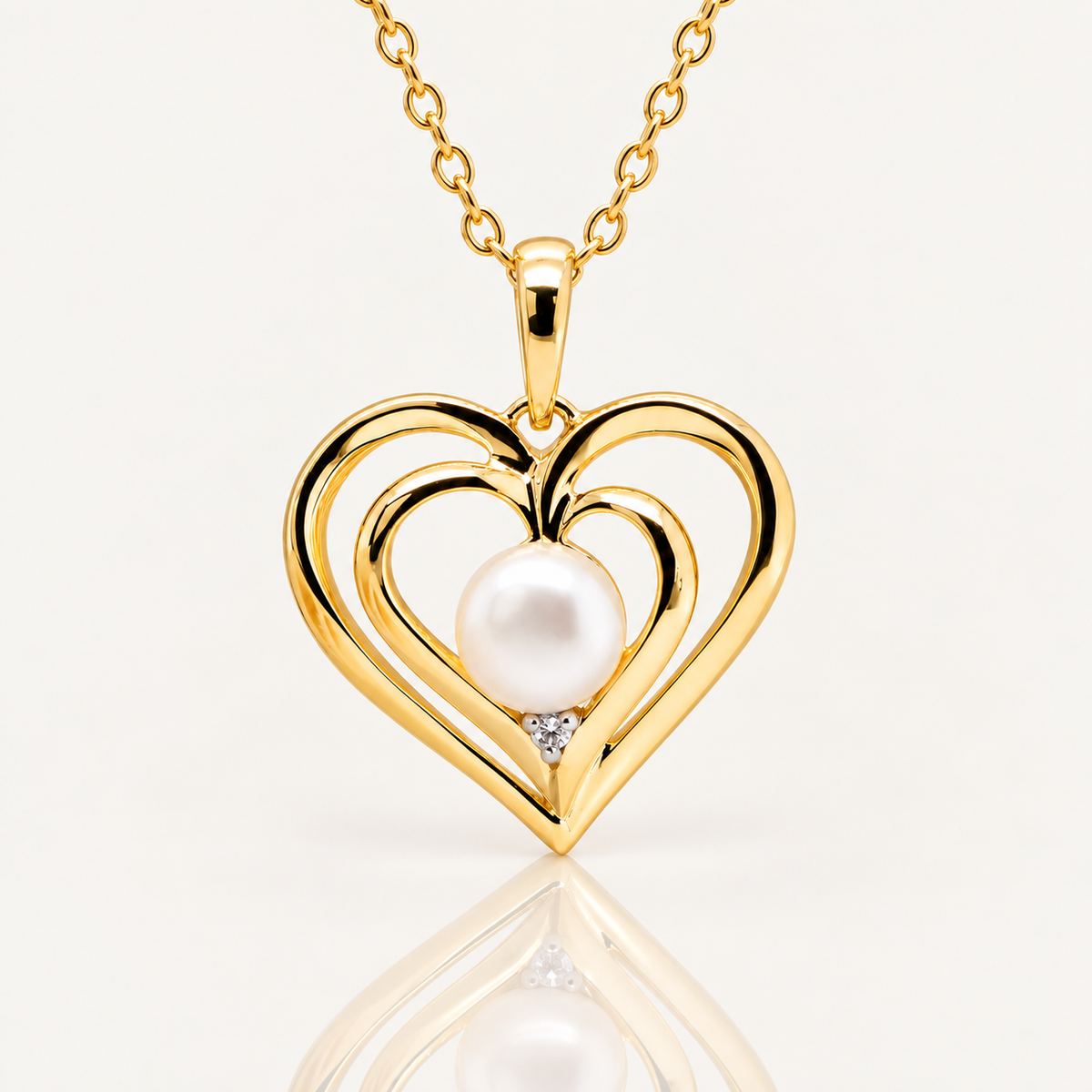 Freshwater Pearl & Diamond Heart Pendant | 9ct Yellow Gold