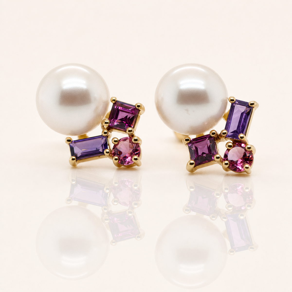 Freshwater Pearl, Amethyst, Pink Tourmaline & Rhodolite Stud Earrings | 9ct Yellow Gold
