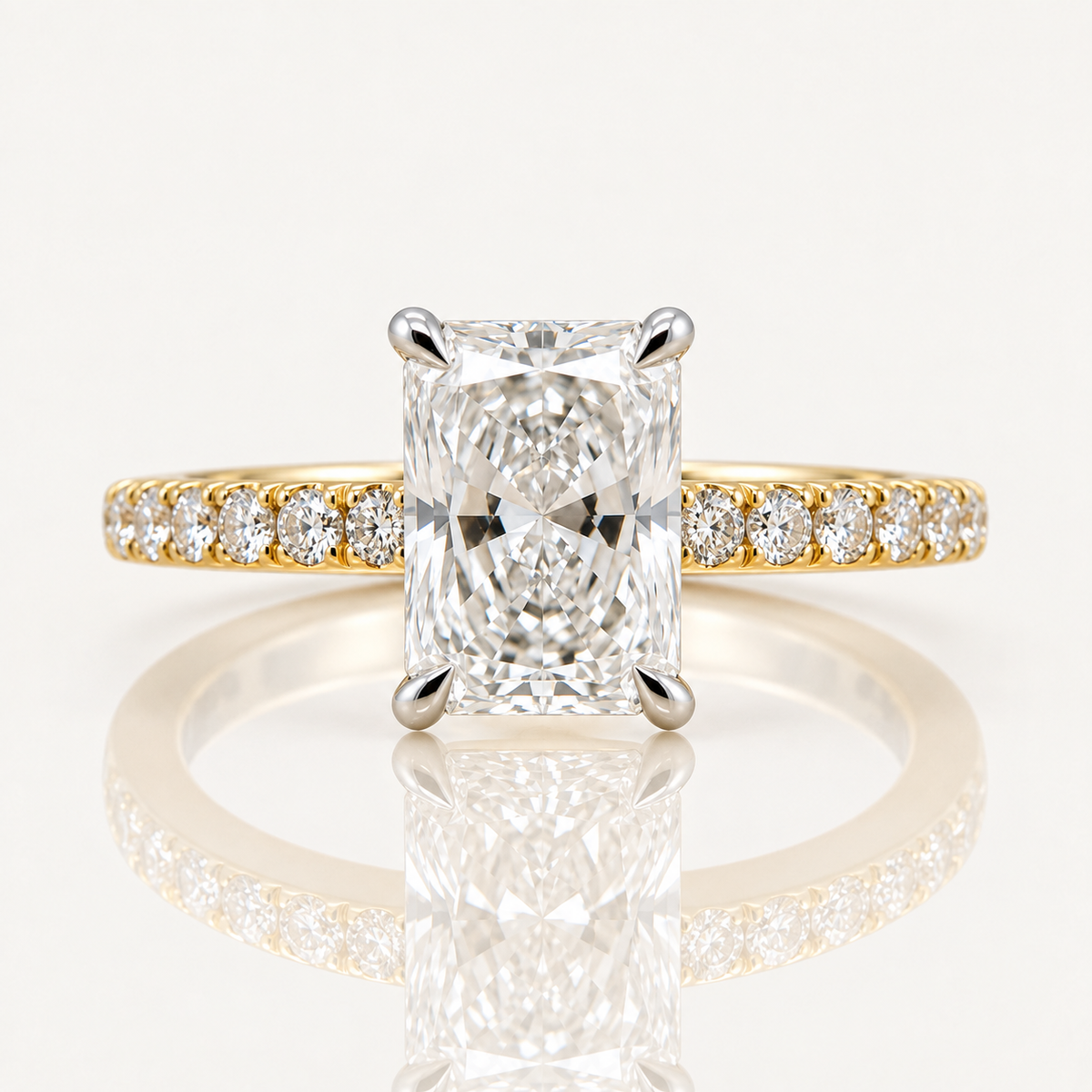 Penny | 2.07ct Radiant Cut Lab Grown Diamond Engagement Ring | Hidden Halo & Diamond Band | 18ct Yellow & White Gold