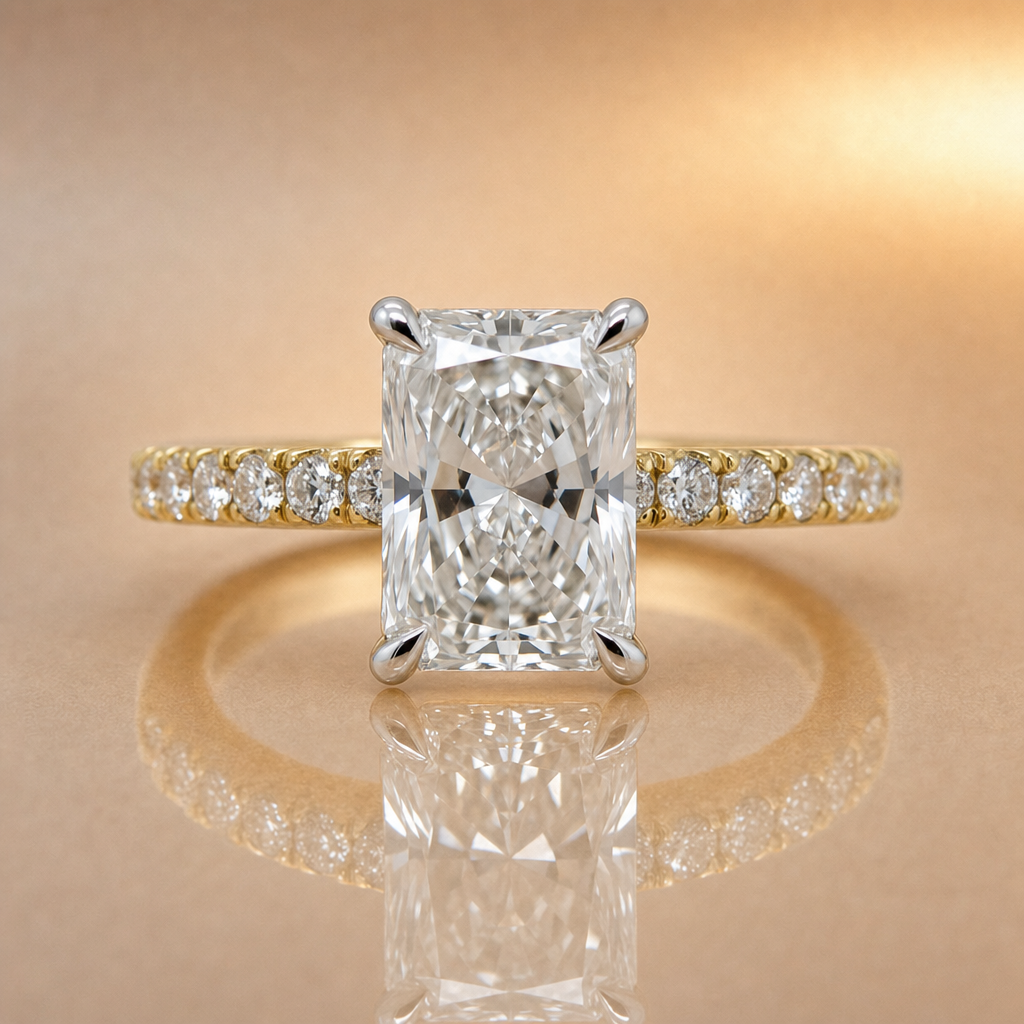 Penny | 2.07ct Radiant Cut Lab Grown Diamond Engagement Ring | Hidden Halo & Diamond Band | 18ct Yellow & White Gold