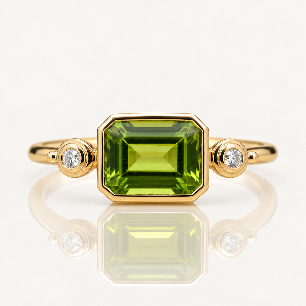 Emerald-Cut Peridot & Diamond Ring | 9ct Yellow Gold