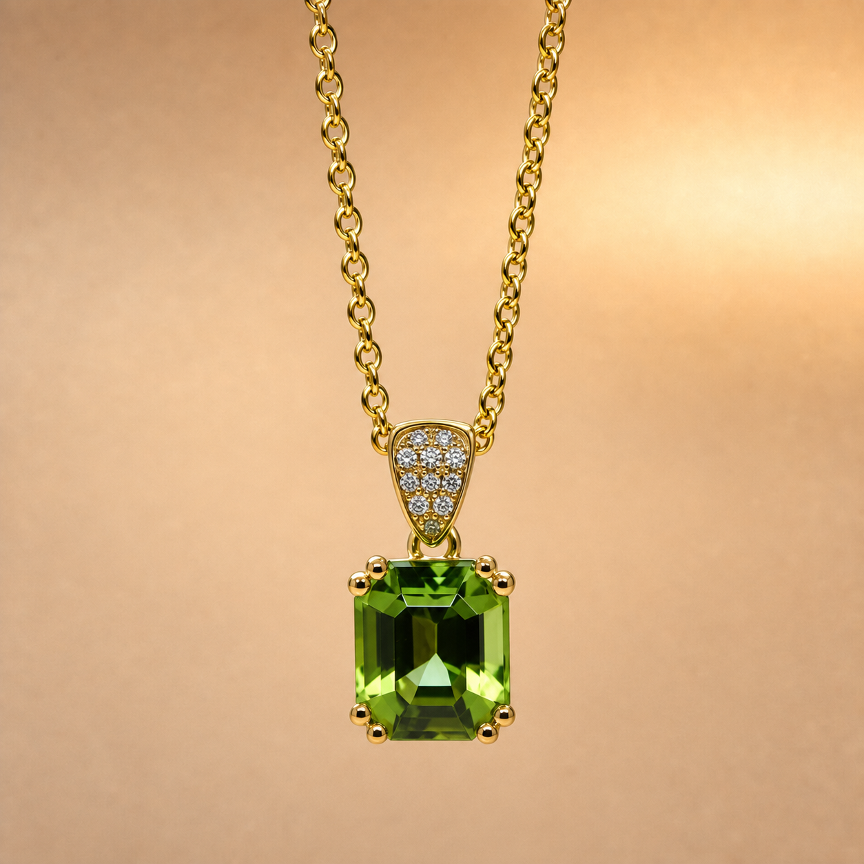 Emerald Cut Peridot & Diamond Pendant | 9ct Yellow Gold