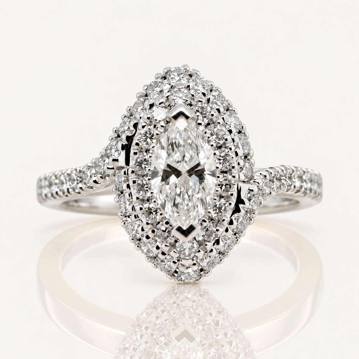 Primrose | 0.50ct Marquise Cut Lab Grown Diamond Engagement Ring | Double Halo & Twisted Diamond Band | 18ct White Gold