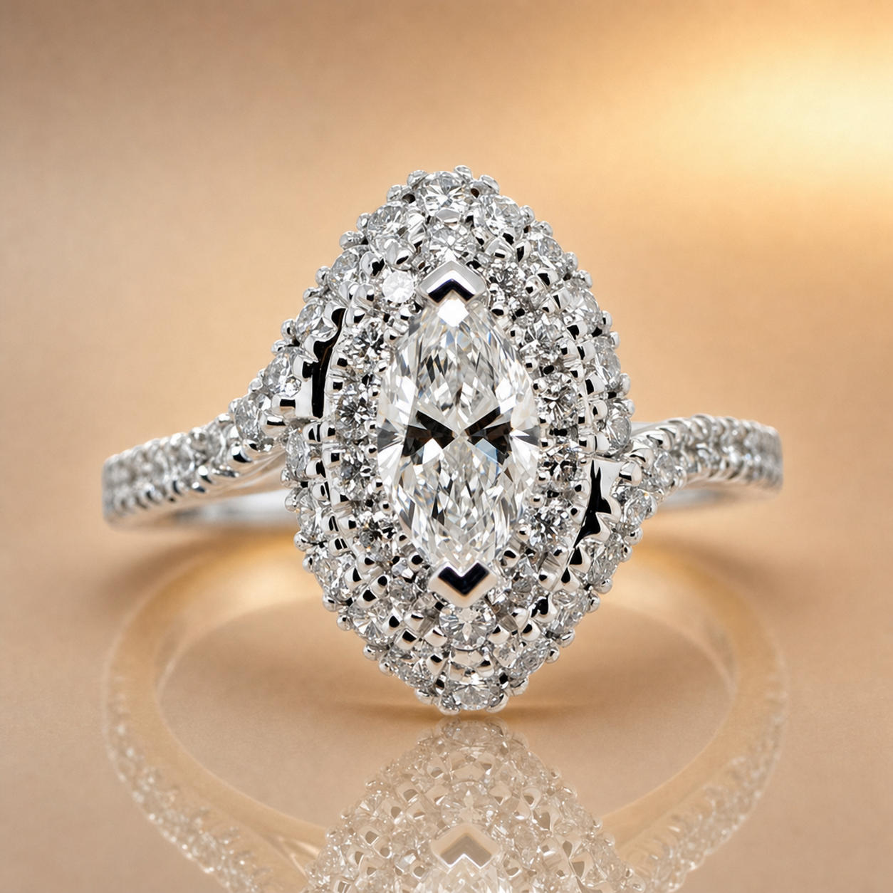 Primrose | 0.50ct Marquise Cut Lab Grown Diamond Engagement Ring | Double Halo & Twisted Diamond Band | 18ct White Gold