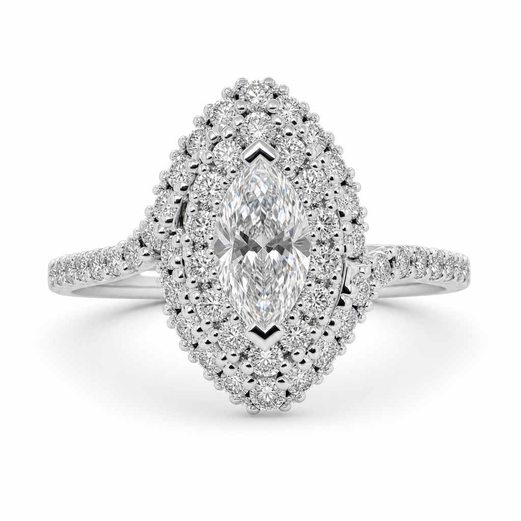 Primrose | 0.50ct Marquise Cut Lab Grown Diamond Engagement Ring | Double Halo & Twisted Diamond Band | 18ct White Gold