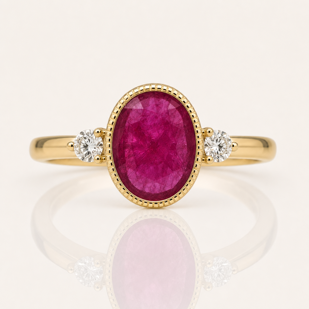 Daphne | Oval Ruby & Diamond Three-Stone Ring | 9ct Yellow Gold | Exclusively Paton's Place