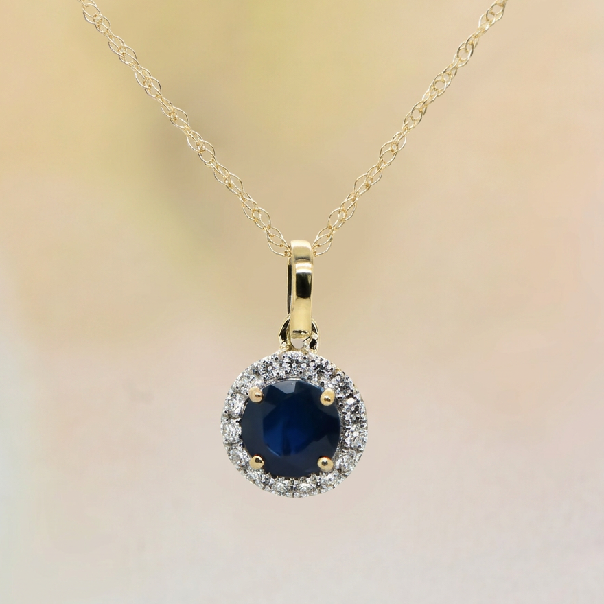 YG Sapphire & Diamond Halo Necklace