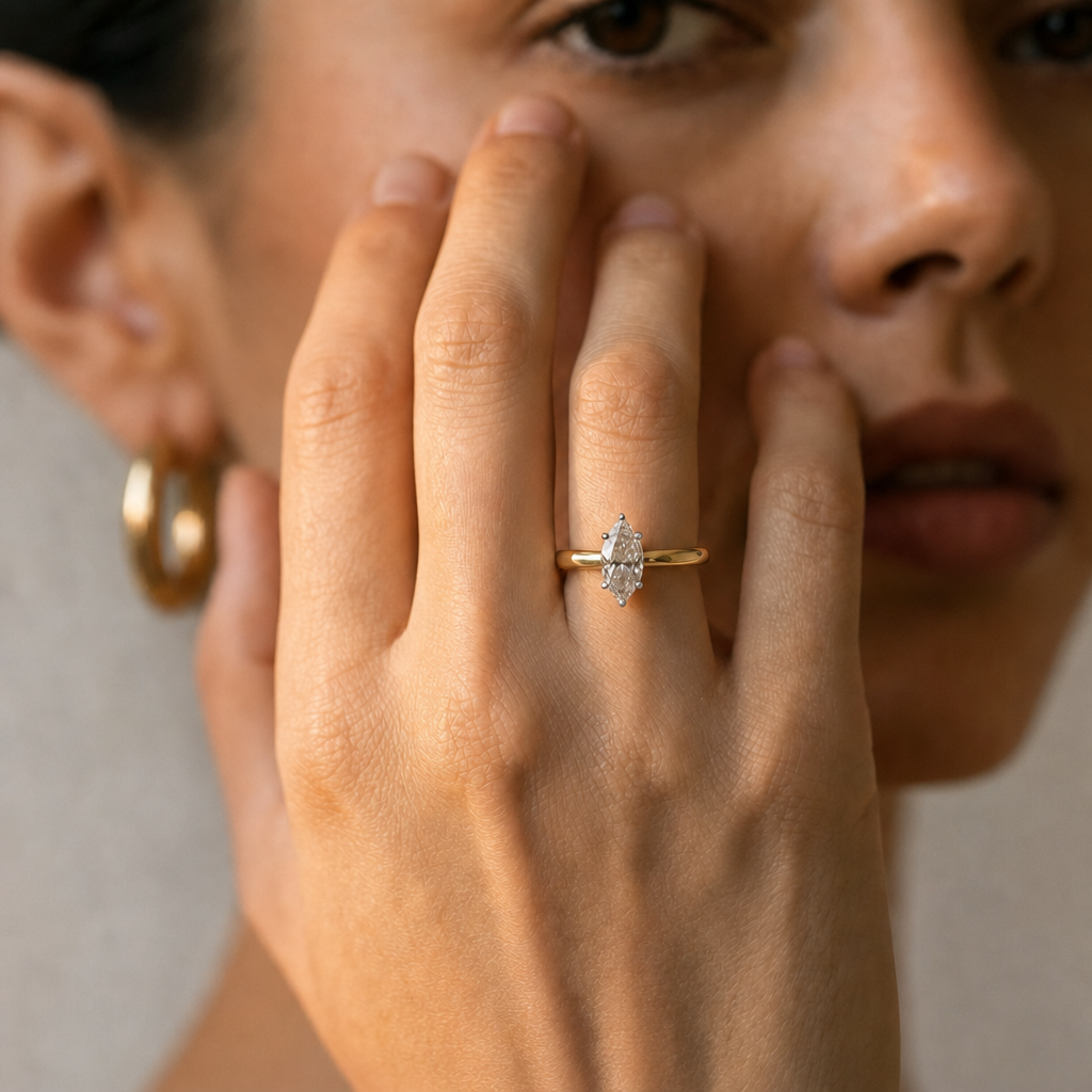 Sofia | 1.24ct Marquise Cut Lab Grown Diamond Solitaire Engagement Ring | V-Claw Setting | 18ct Yellow & White Gold