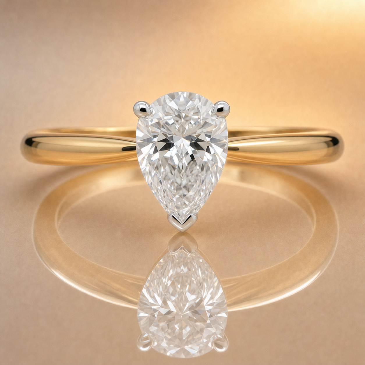 A pear-cut diamond solitaire ring set on a polished yellow gold band, displayed on a warm beige reflective surface.