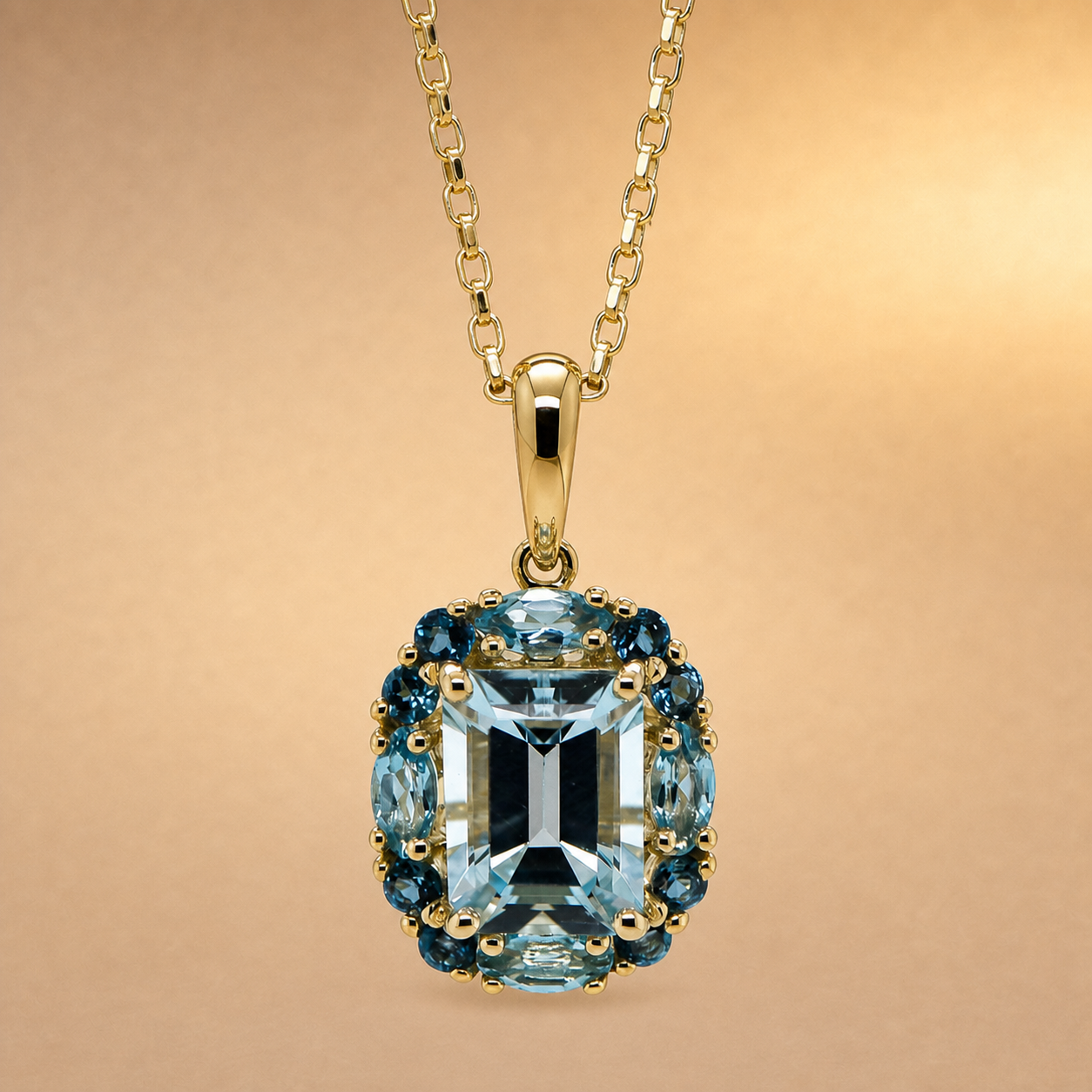 Blue Topaz Halo Pendant | Swiss & London Blue | 9ct Yellow Gold