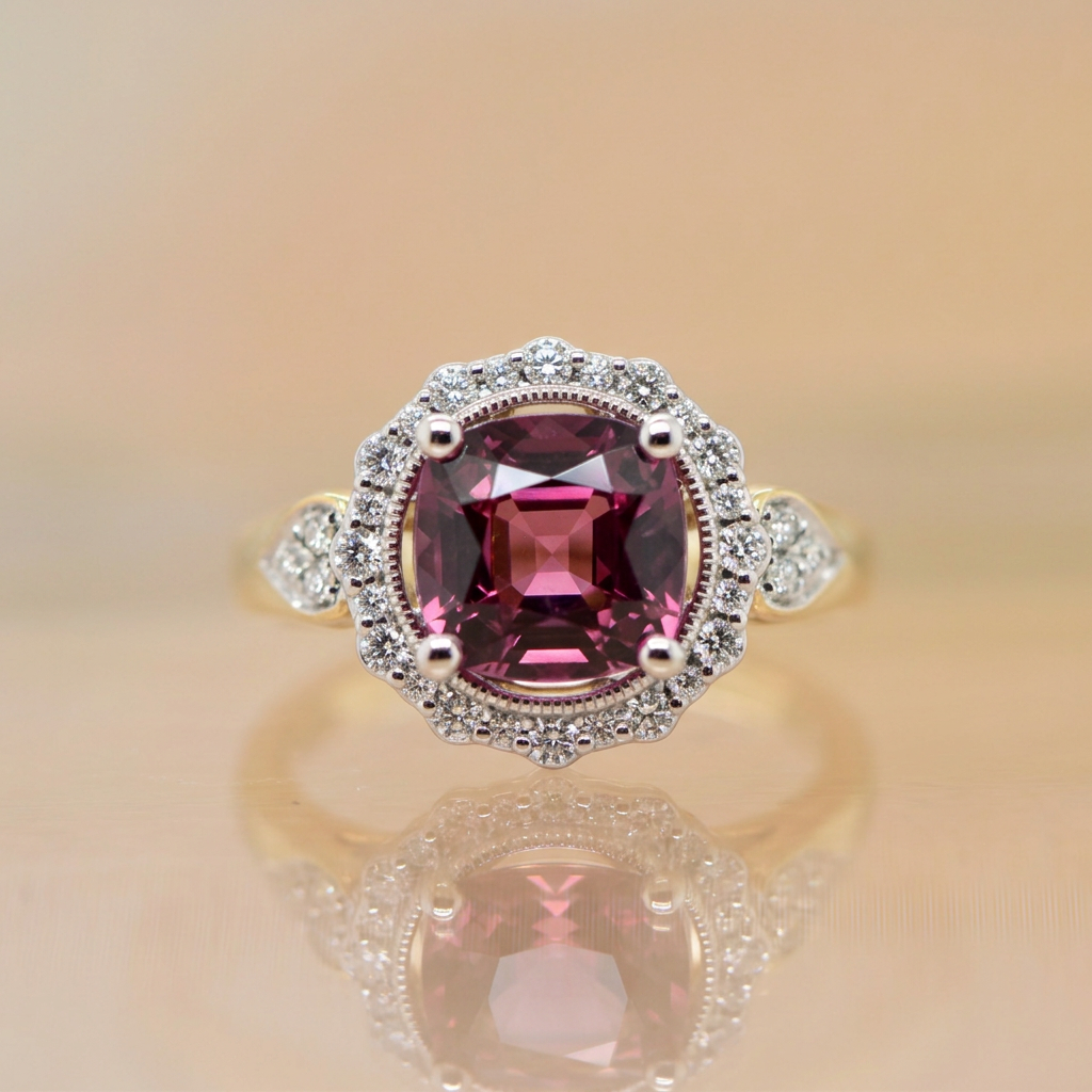 9ct Yellow & White Gold Umbalite Garnet & Diamond Halo Ring