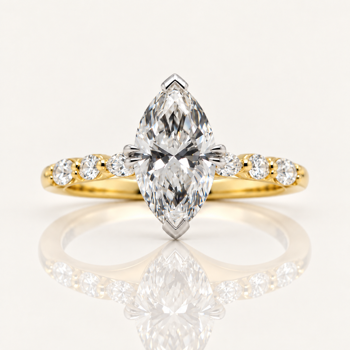 Violet | 3.03ct Marquise Cut Lab Grown Diamond Engagement Ring | Marquise & Round Diamond Shoulders | 18ct Yellow & White Gold