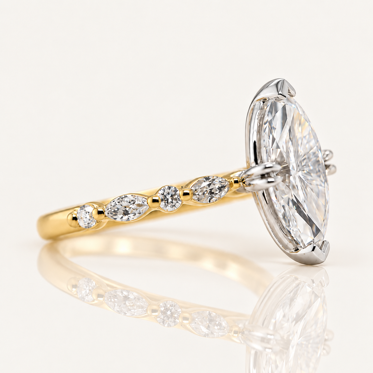 Violet | 3.03ct Marquise Cut Lab Grown Diamond Engagement Ring | Marquise & Round Diamond Shoulders | 18ct Yellow & White Gold