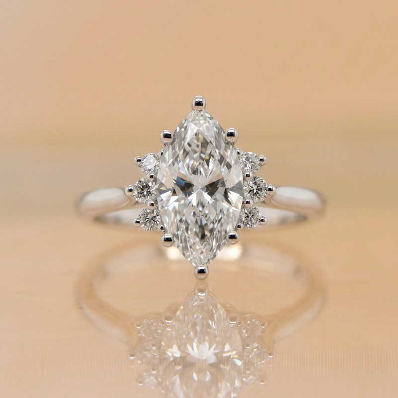 Noelle | 2.06ct Marquise Cut Lab Grown Diamond Engagement Ring | Diamond Cluster Shoulders | 18ct White Gold
