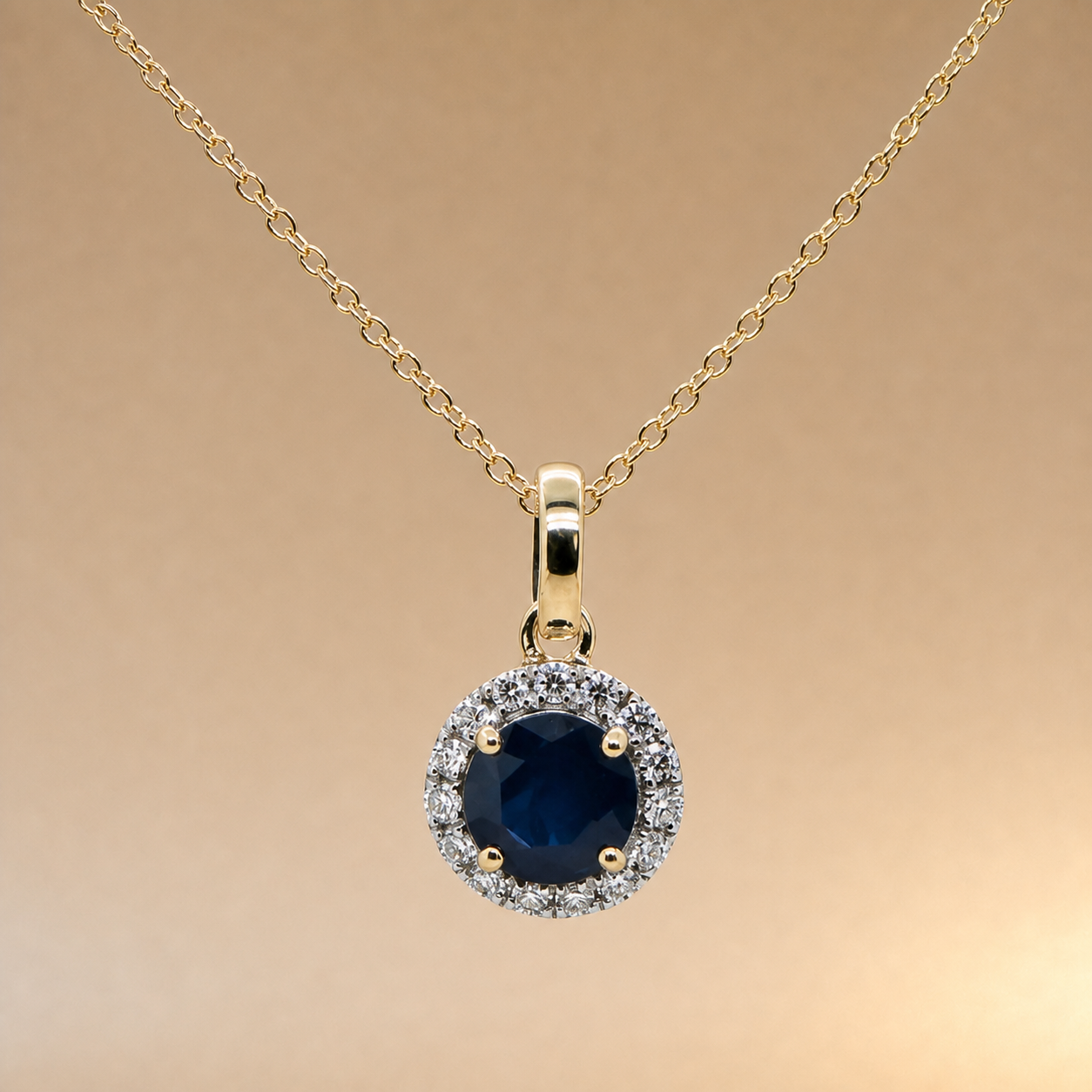 YG Sapphire & Diamond Halo Necklace