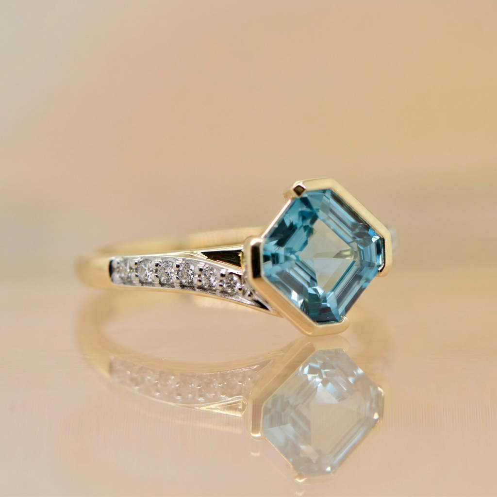 9ct Yellow & White Gold Blue Zircon & Diamond Ring