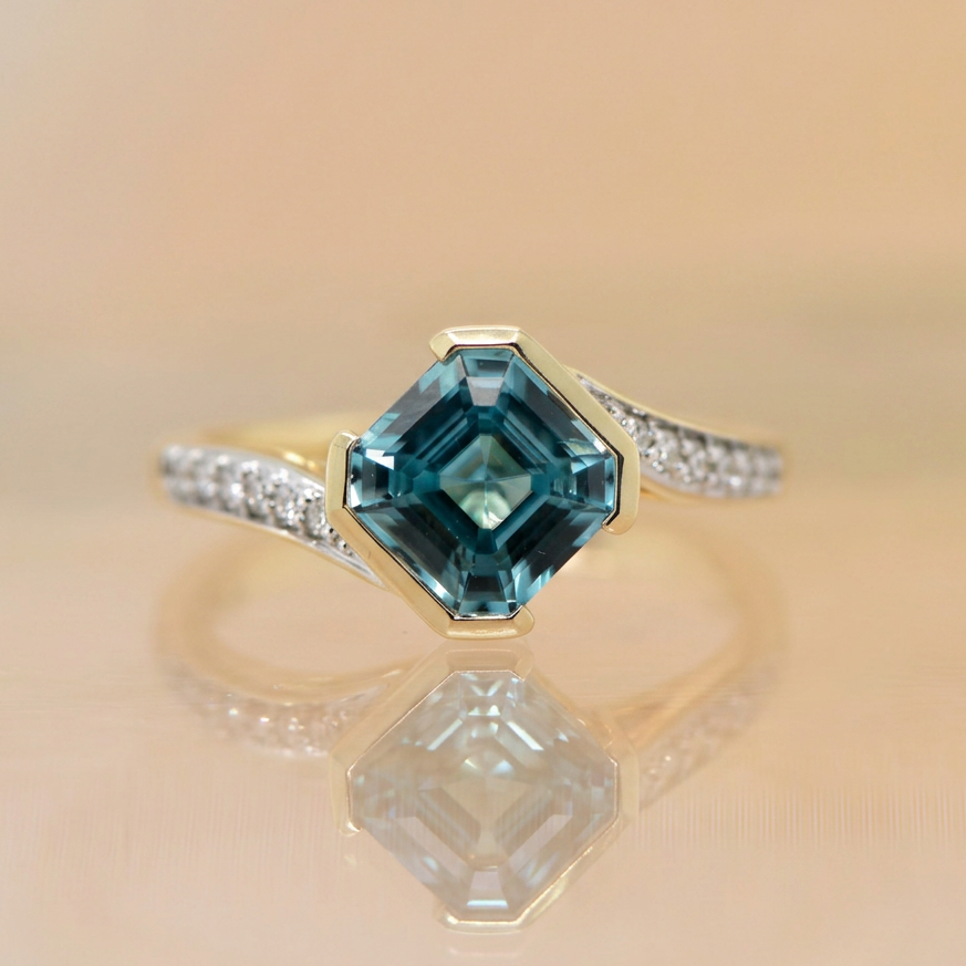 9ct Yellow & White Gold Blue Zircon & Diamond Ring